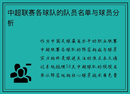 中超联赛各球队的队员名单与球员分析